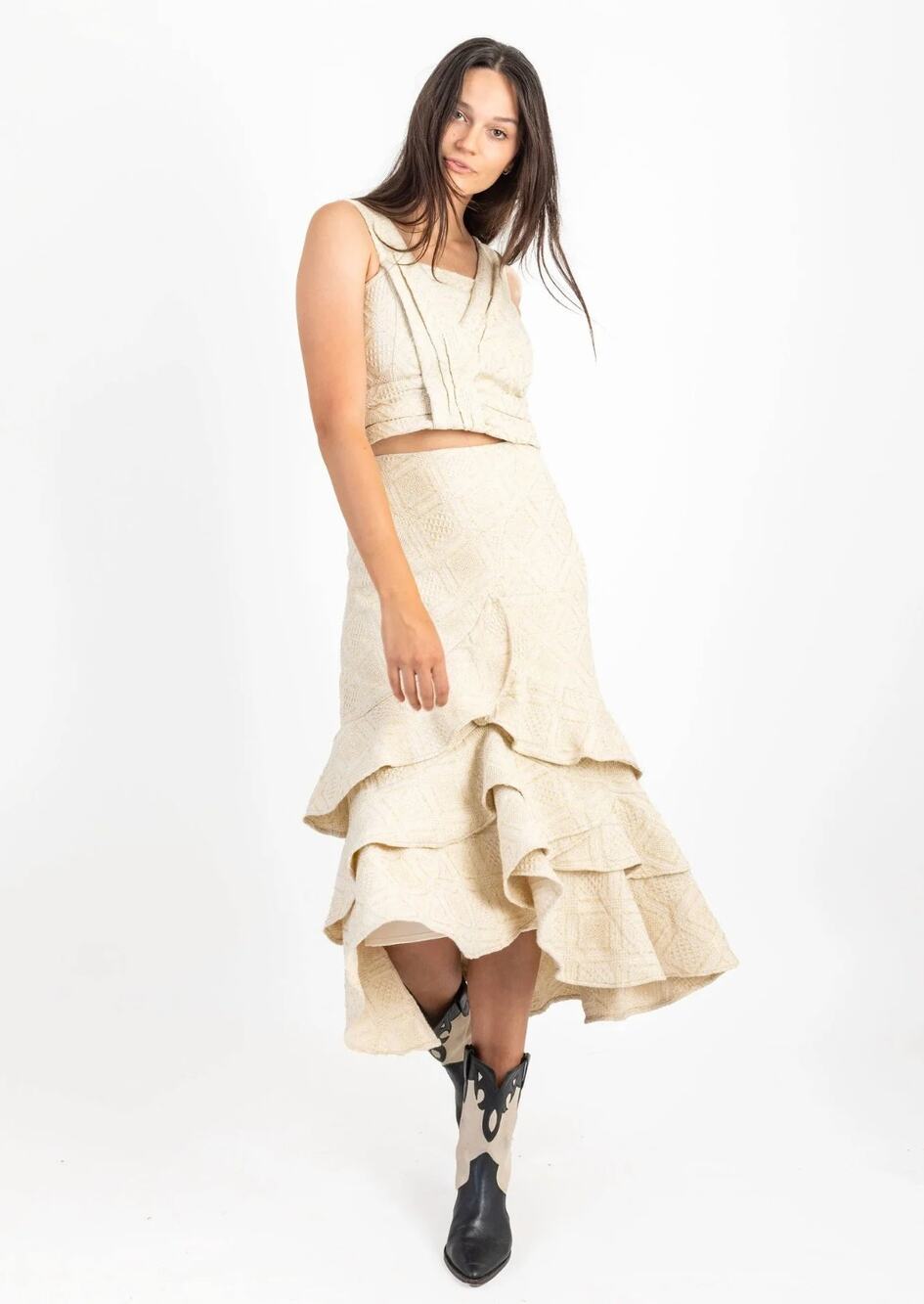 NEW Koch Womens Skirt M Greta Champagne Shimmer Ruffled Midi Made in USA
